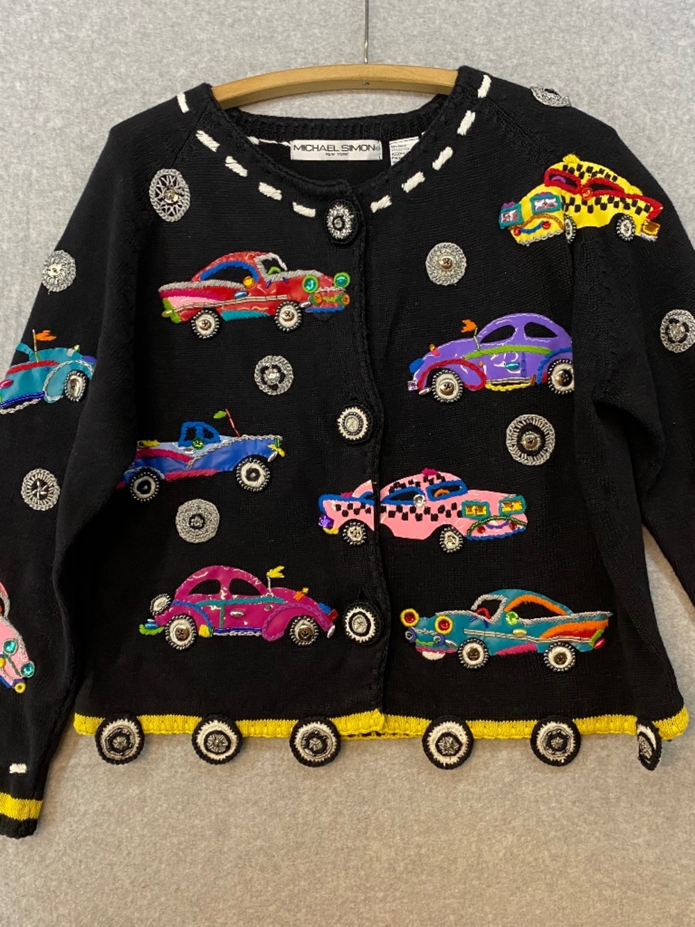 Vintage Michael Simon Size 1 • Embellished Cars Cardigan • 1994 • Art To Wear